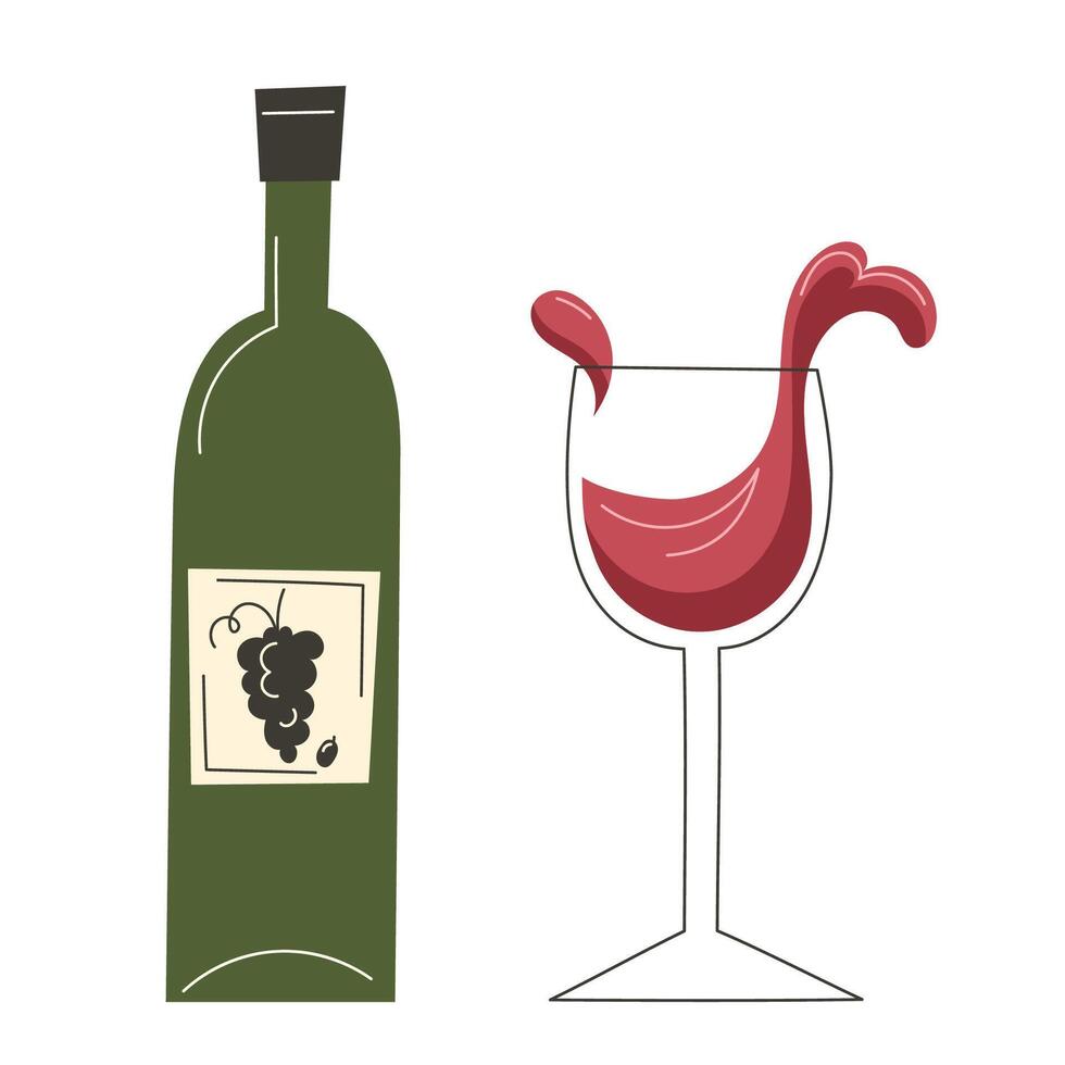 Red French Wine Bottle and Elegant Glass vector