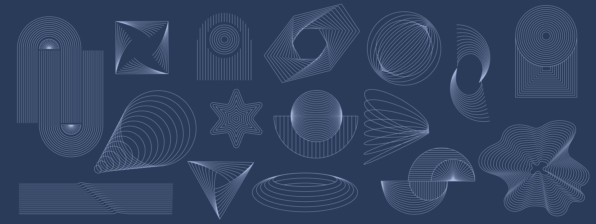 Hand drawn abstract mid century modern minimal set in light blue colors . Aesthetic modern striped line art, geometric shapes in monochrome. Perfect design collection for interior, cover, poster vector