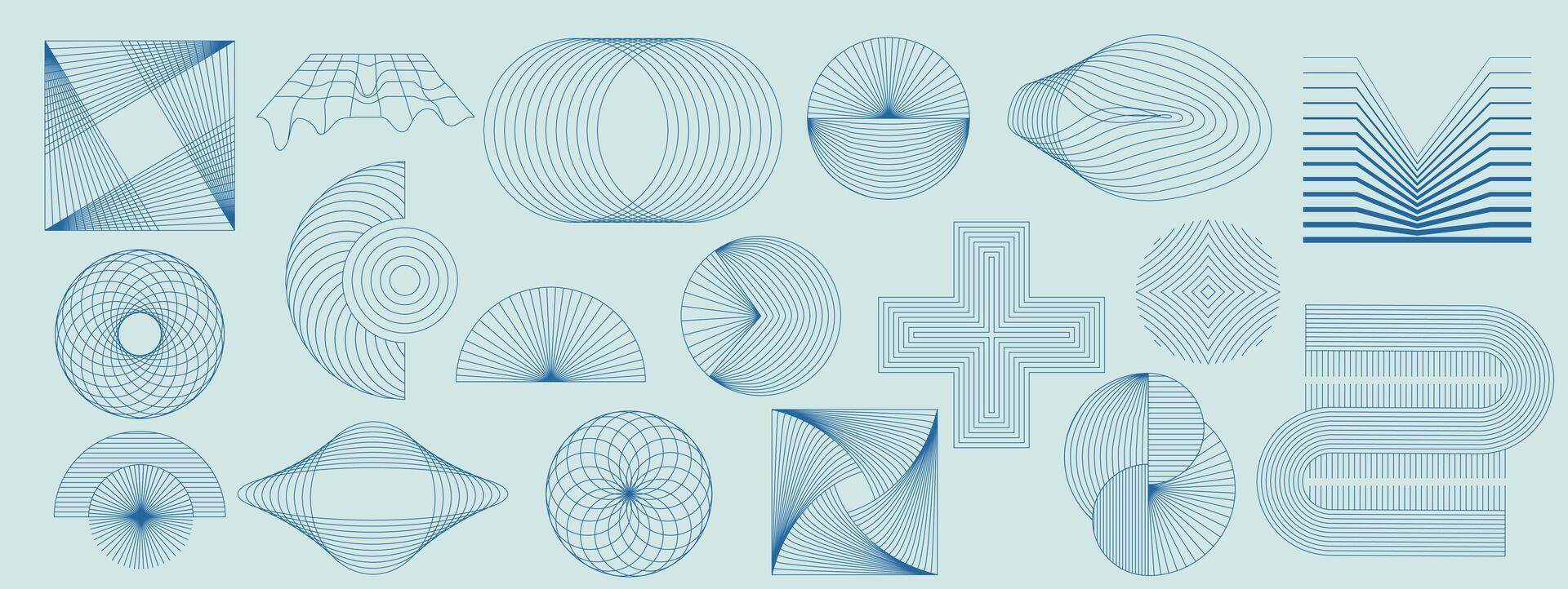 Hand drawn abstract mid century modern minimal element set in blue shades . Aesthetic modern striped line art, geometric shapes in monochrome. Perfect design collection for interior, poster, print vector