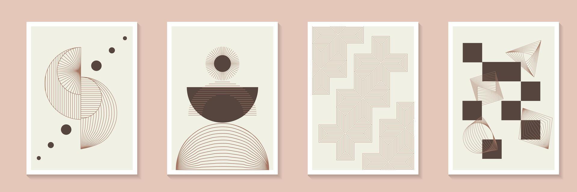 Trendy minimal element mid century poster background set. Pantone mocha mousse Minimalist geometric style cover template with monochrome lines and transitions wall art collection. vector