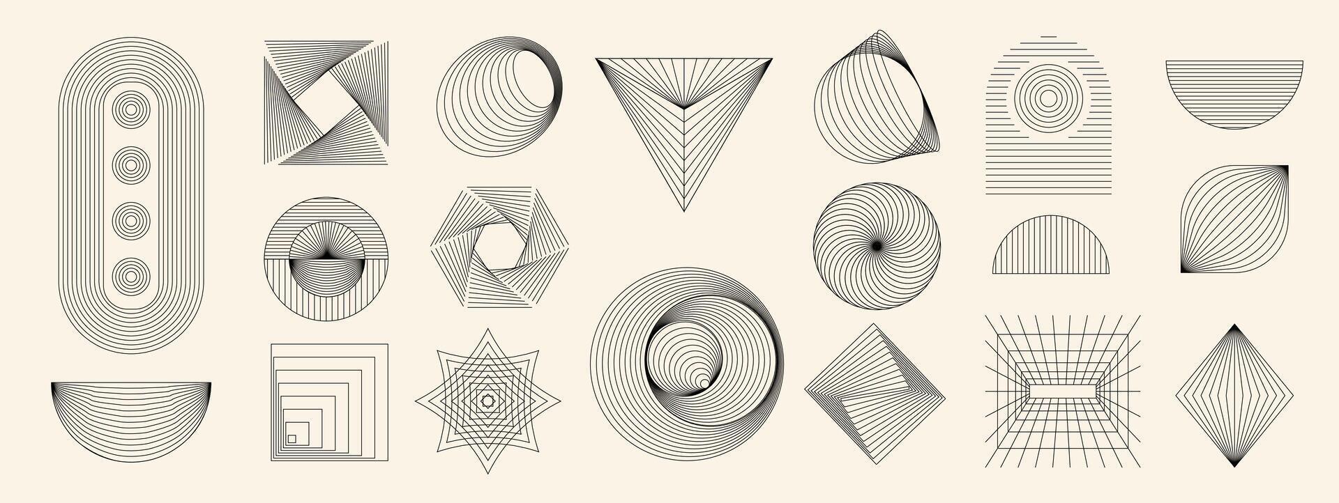 modern minimal element mid century set in dark shades. Aesthetic modern striped line art, geometric shapes in monochrome. Perfect design collection for home decor, interior, cover, poster, print vector