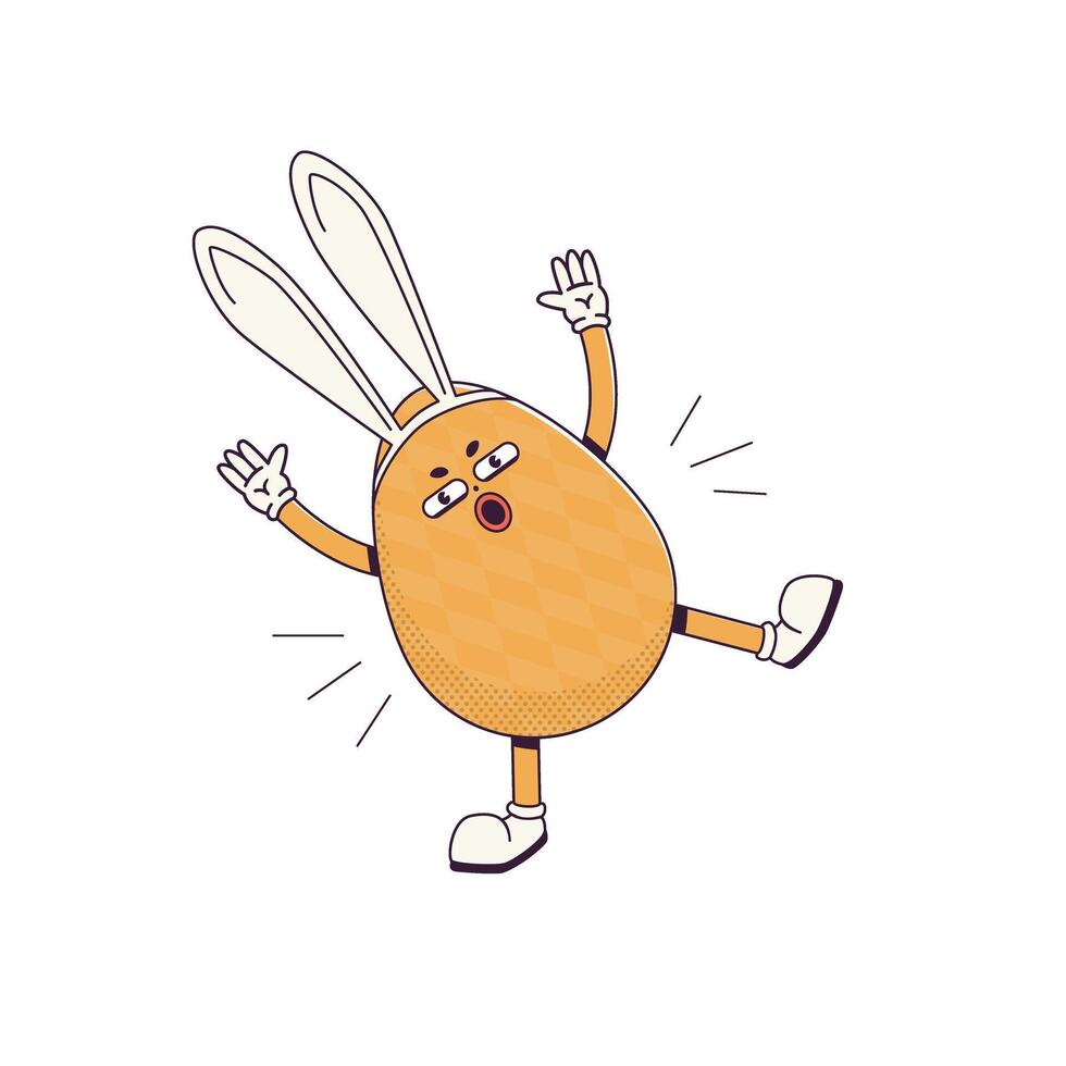 Groovy character easter egg with bunny ears. Flat illustration of a walking character wearing gloves vector