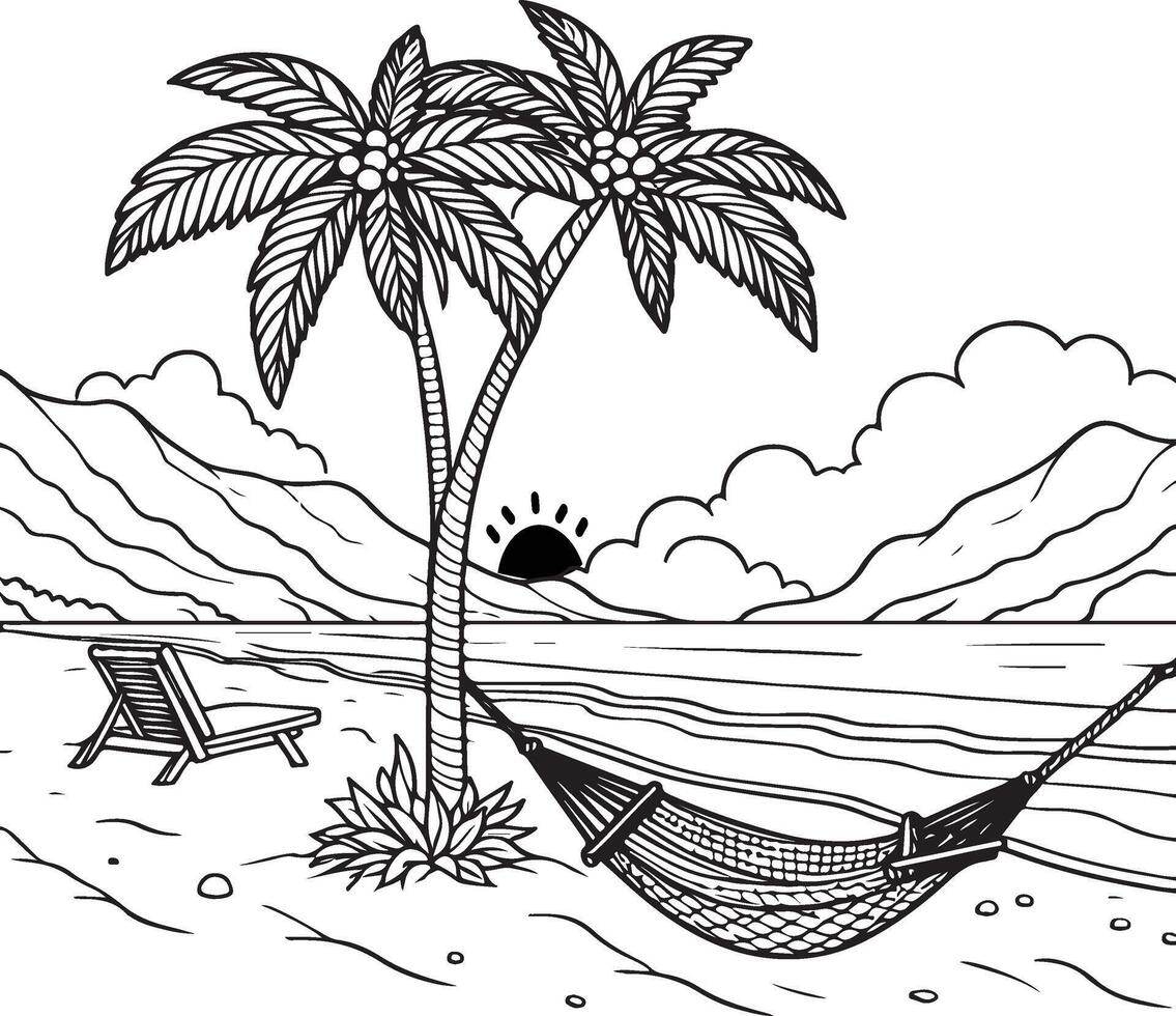 Discover ultimate relaxation under swaying palm trees with a sunset-lit hammock on the beach. Unplug and recharge in tropical paradise. vector