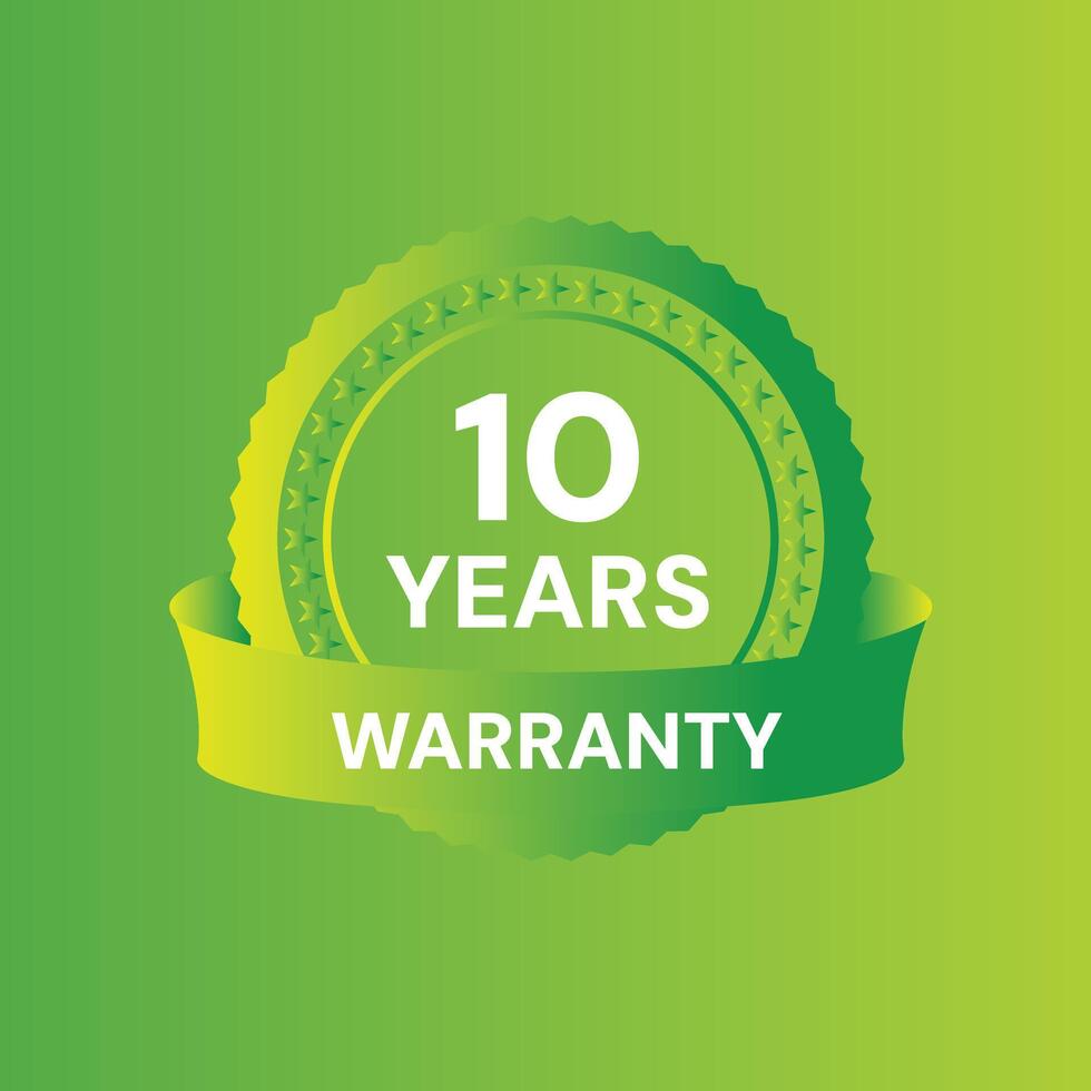 Modern Ten year Warranty royalty free green background with ribbon star badges vector