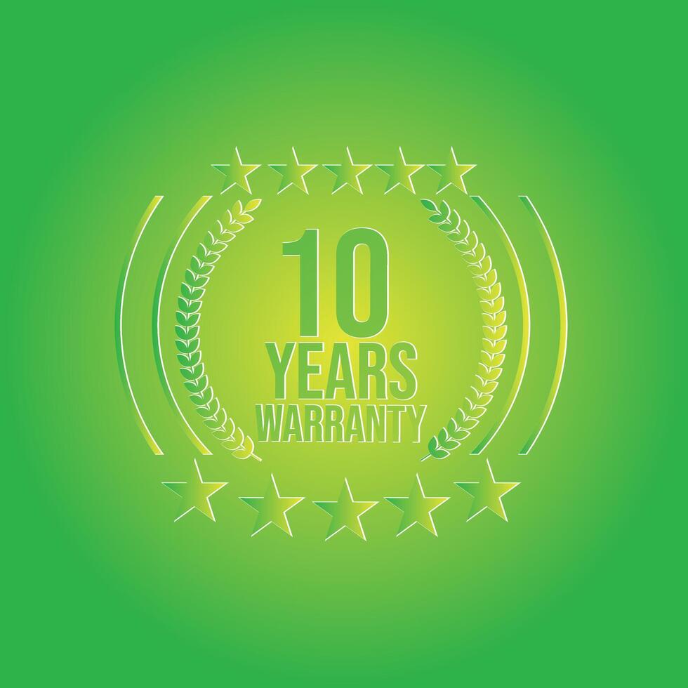 Modern 3D Ten year Warranty royalty free green background with ribbon star badges vector