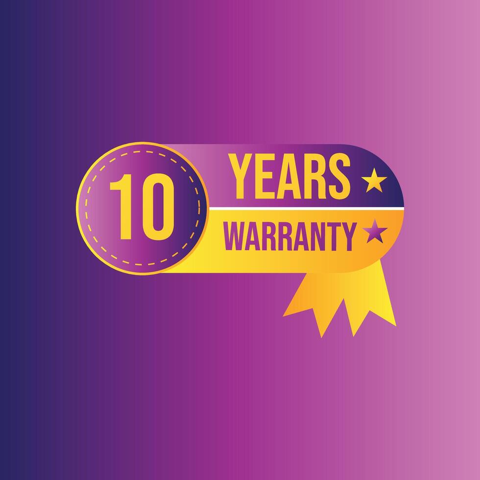 Ten year Warranty royalty free purple background with ribbon star badges vector