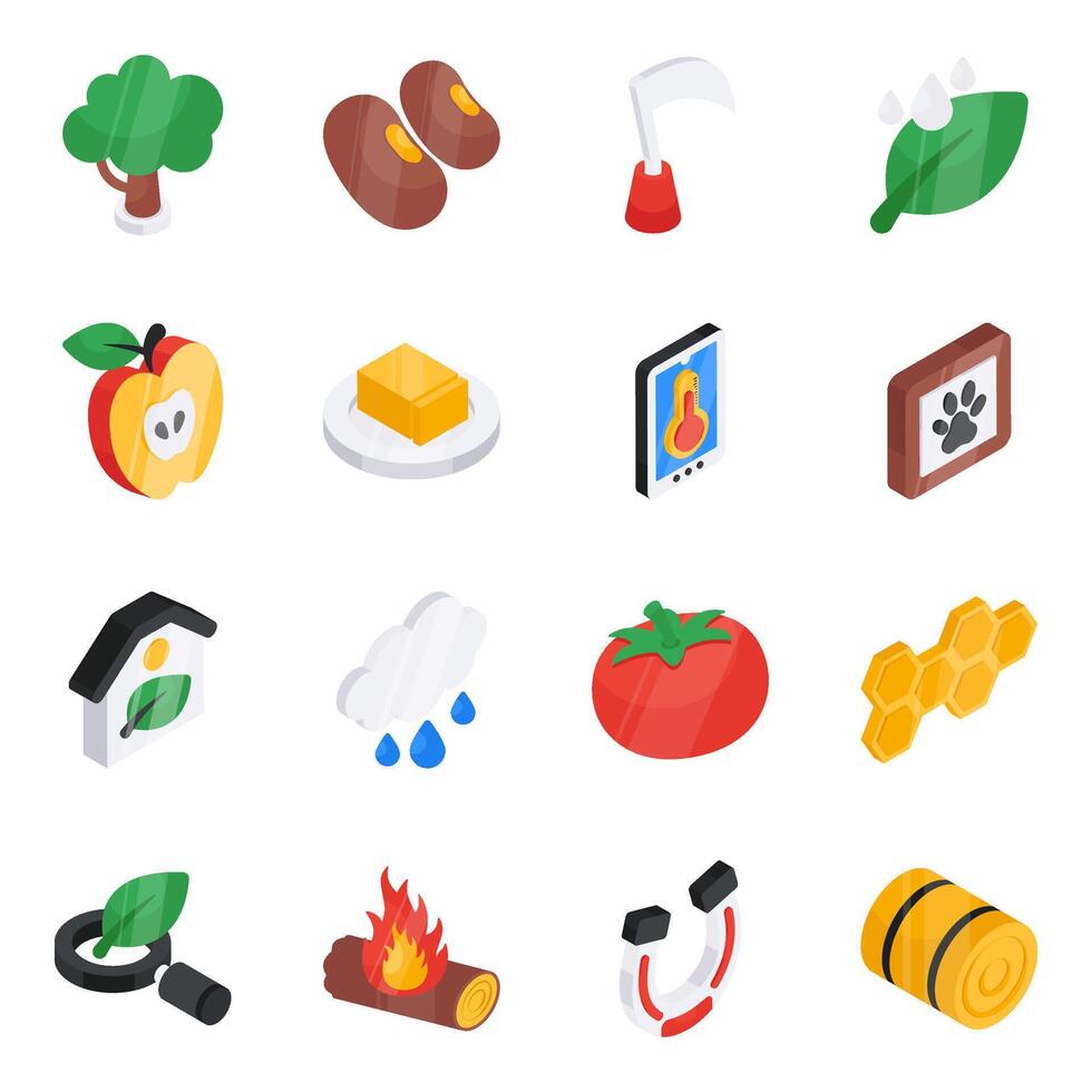 Set of Farming and Agriculture Flat Isometric Icons vector