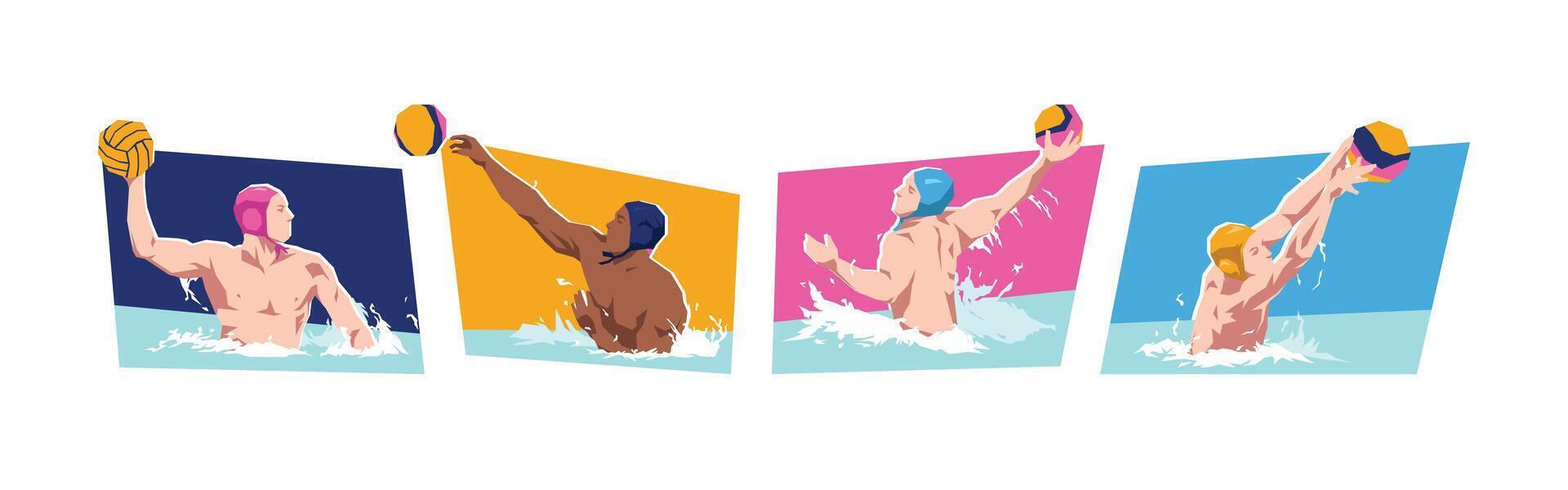 Set of male water polo player character in action. Sport, activity. Isolated on white background. Flat illustration. vector