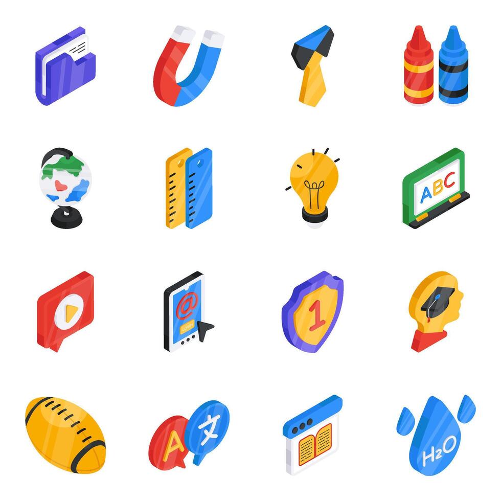 Pack of Education and Learning Flat Isometric Icon vector