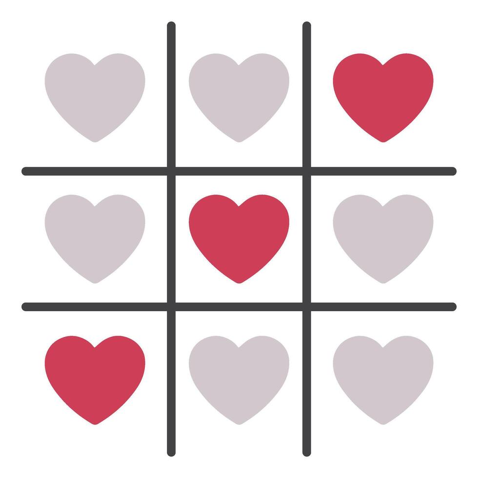 Tic tac toe or xoxo game with hearts in a grid pattern, love and fun, design in red colors with cute style for Valentine's Day, featuring affection and romance, isolated on a white background vector
