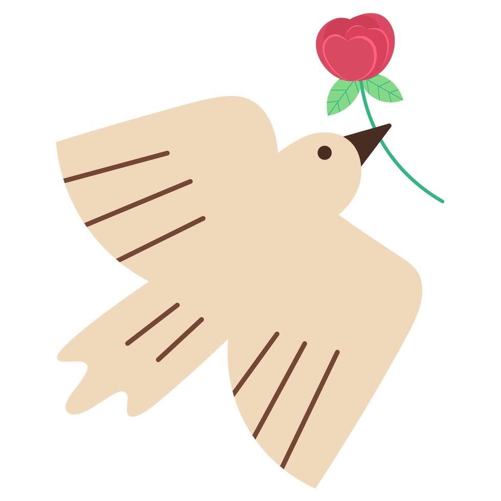 A bird with red heart rose symbolizes love and peace, minimal design in cutevector style for Valentine's Day, romance and affection concepts, isolated icon on white background vector