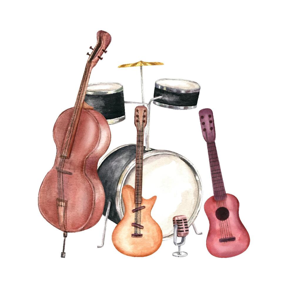 Musical drum kit, double bass, six string electric and acoustic guitar and retro microphone on metal stand watercolor illustration. Jazz instruments in realistic style composition for festival poster vector