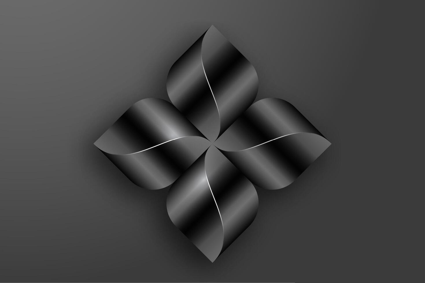 Metallic Abstract Flower Propeller, 3D geometric Rhomboid logo design isolated on black background. Technology silver floral cross icon in wave elements vector