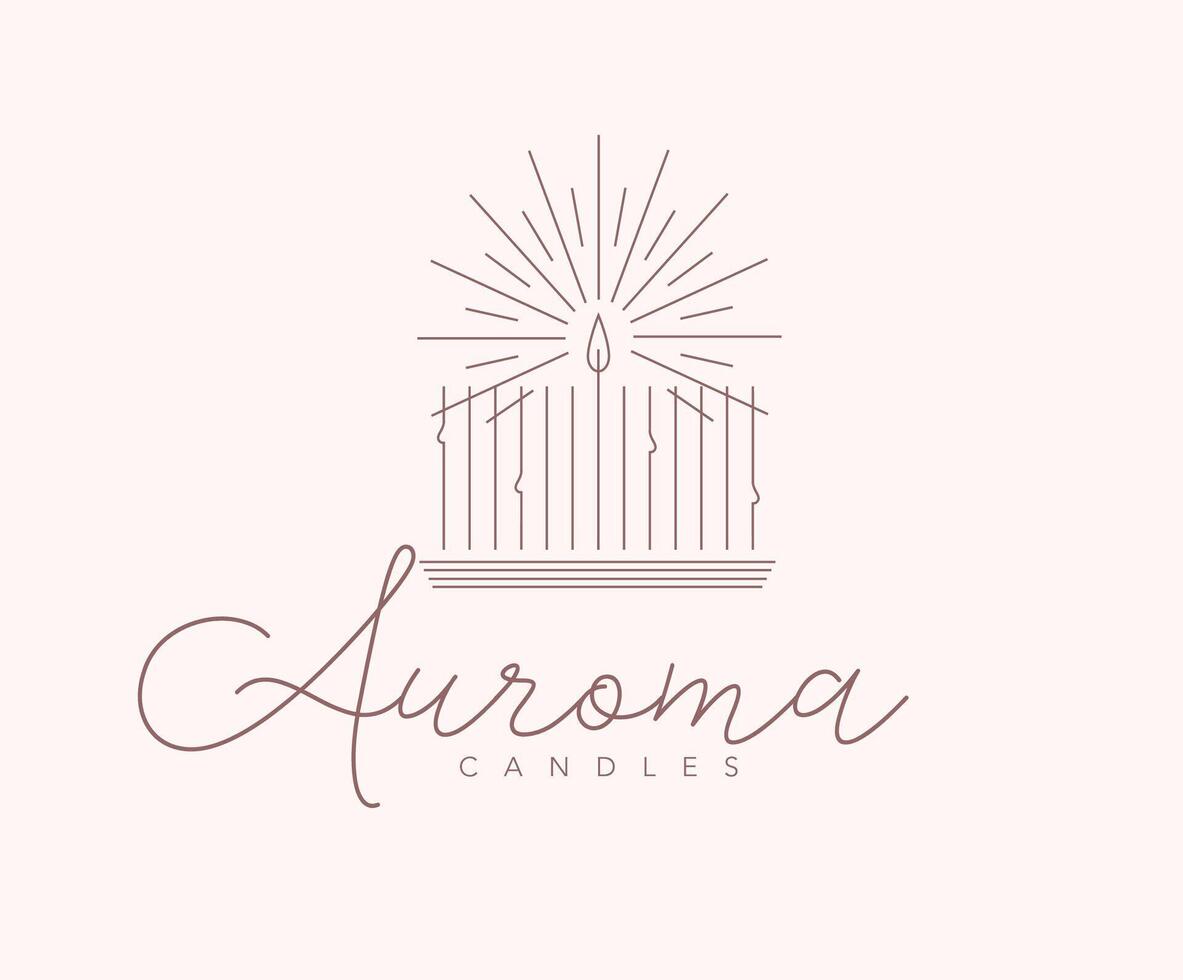 Candle label design lettering aroma drawing in linear art deco style on beige background vector