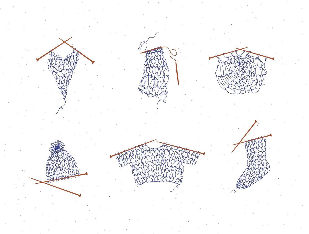 Knitting collection with needles, sweater, sock, hat, napkin, yarn, wool, cap drawing in line art style on white color background. vector