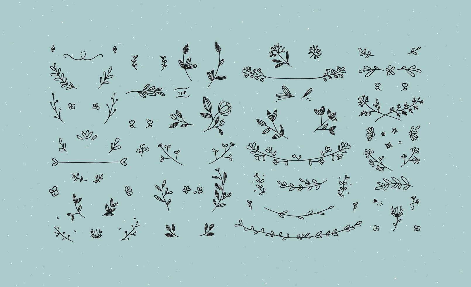 Elements flowers and branches to create label or sign in hand drawing style. Turquoise color background. vector