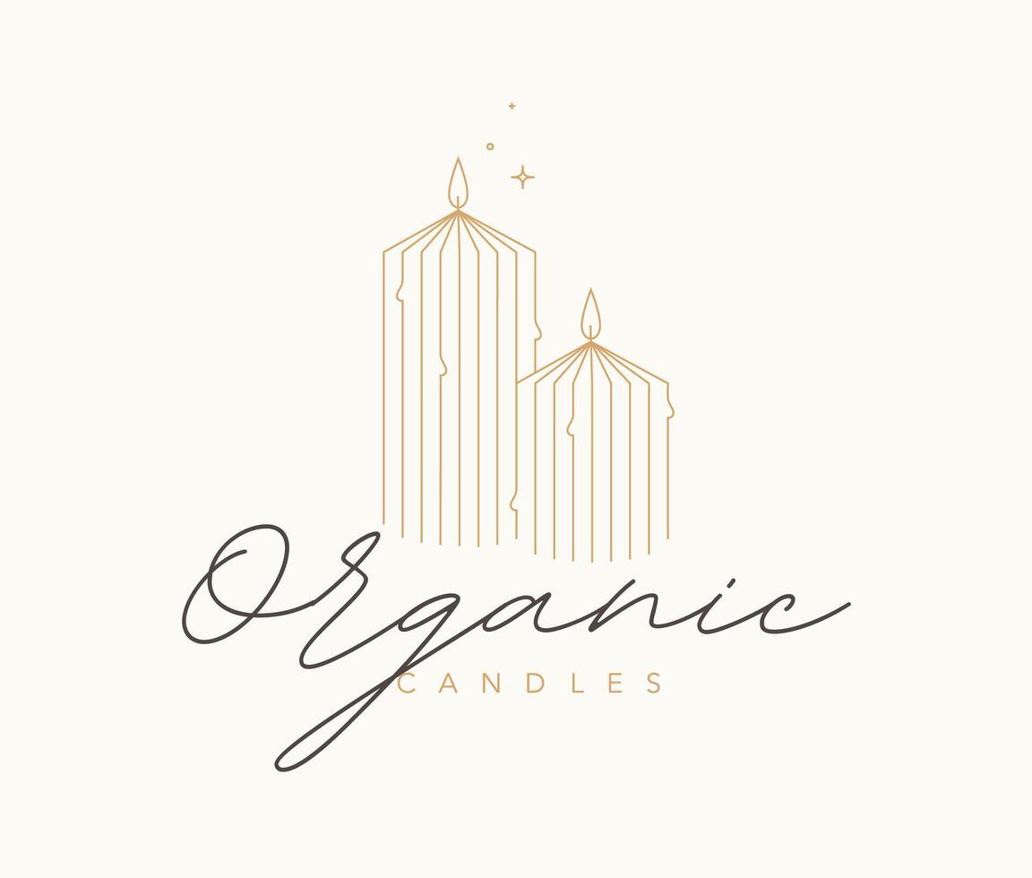 Organic candles studio label design with lettering drawing in linear art deco style on beige background vector