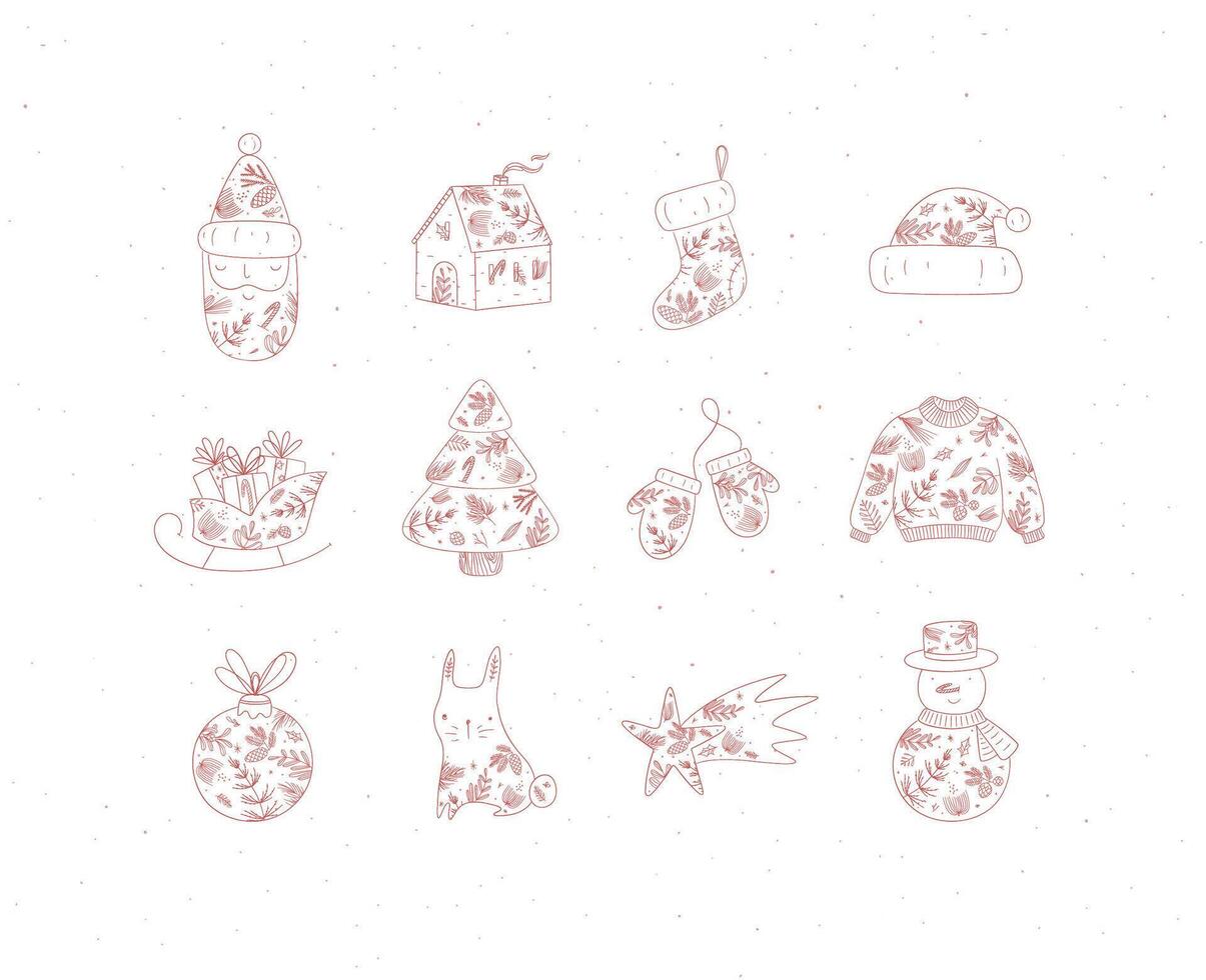 Christmas symbol collection with santa, house, sock, hat, sleigh, gifts, tree, gloves, sweater, tree toy, rabbit, star, snowman drawing in floral art style with red on beige background vector