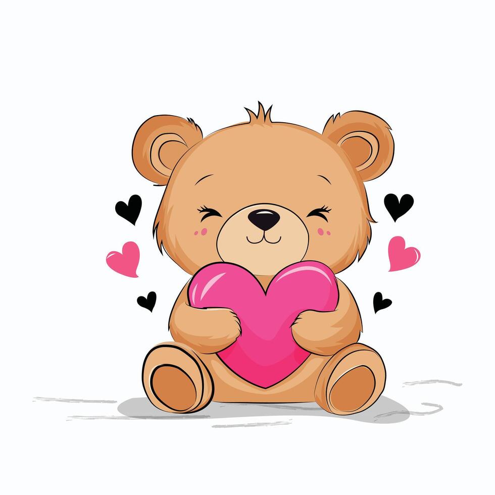 Cute teddy bear with pink heart illustration, valentines day concept vector
