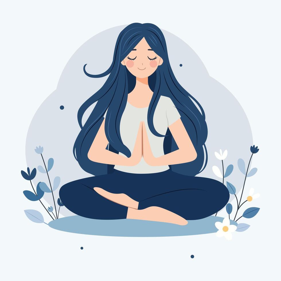 A woman meditates in nature and leaves. Conceptual illustration for yoga, meditation, relaxation, rest, healthy lifestyle. illustration in flat cartoon vector