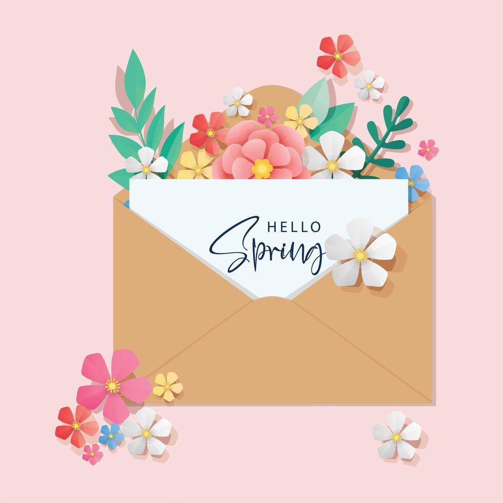 envelope with white card and paper flowers, spring concept vector