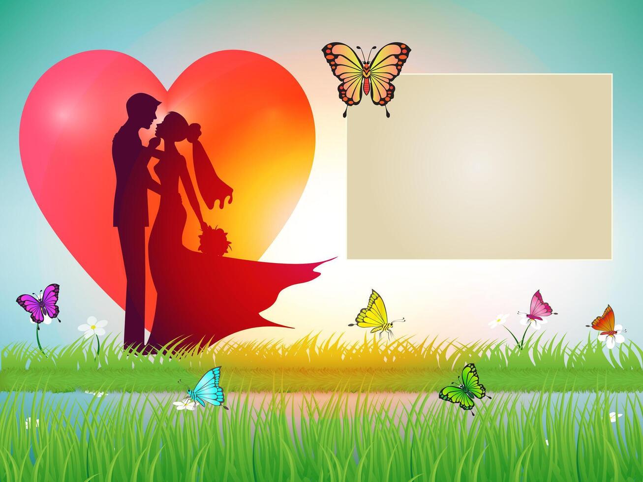 Love and Valentine's Day Illustration. Two couples on a meadow under the sunset with love hearts. 3D paper from digital craft with a box for writing messages. vector
