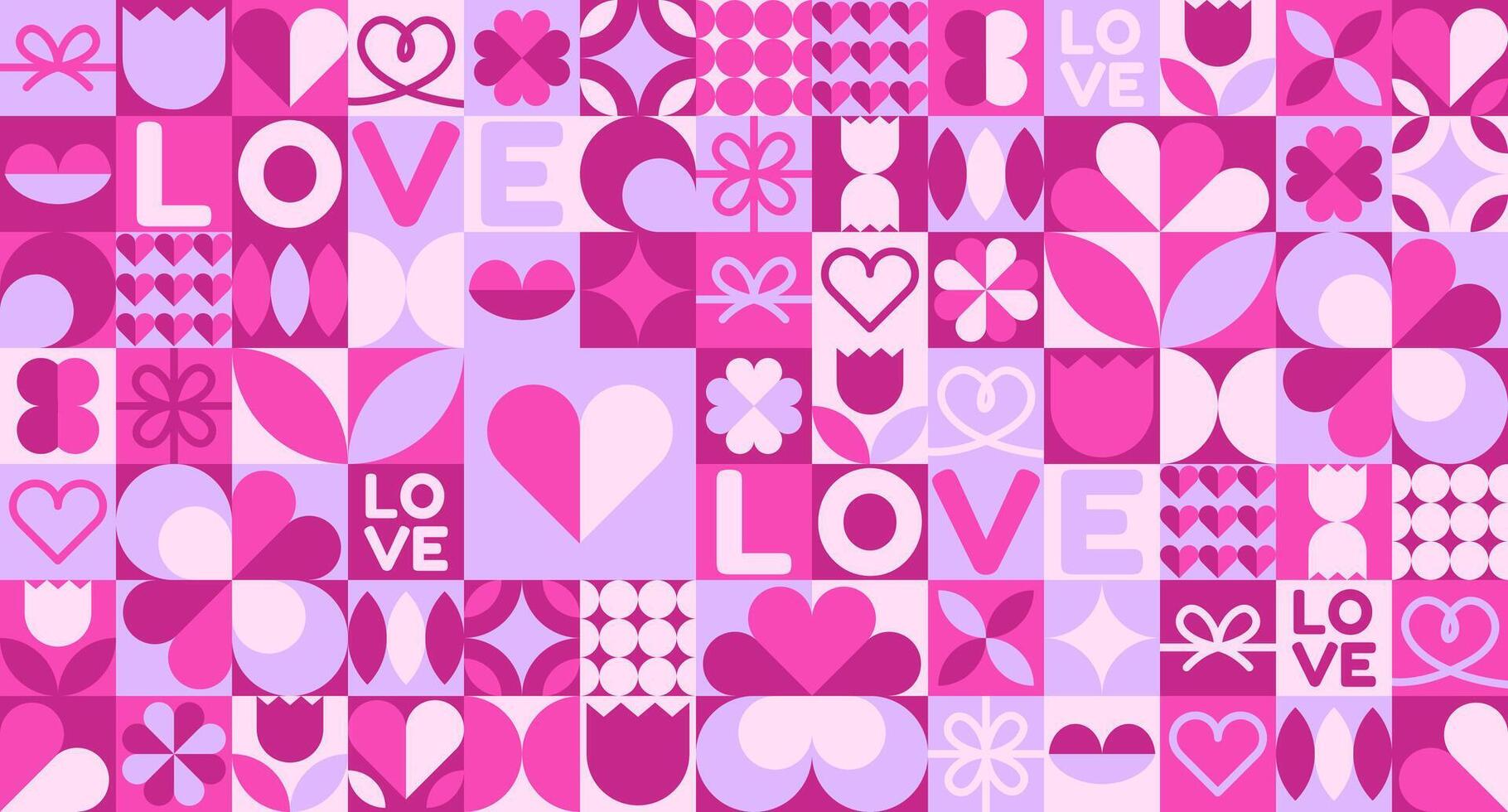 Geometric Valentines Day seamless pattern featuring abstract modern designs with hearts and love motifs. Ideal for prints, banners, fabrics, cards, gift wrap, and covers. vector