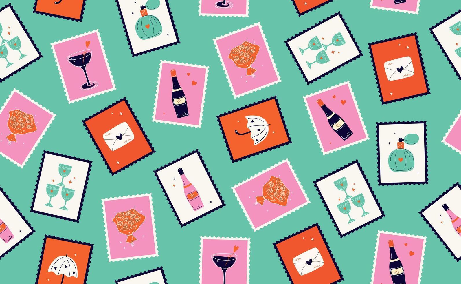 Valentine's day seamless pattern with postage stamps. 14 February coquette with heart. Hand drawn groovy cartoon sticker elements. Valentine design in flat style. Funky Saint Isolated illustr vector