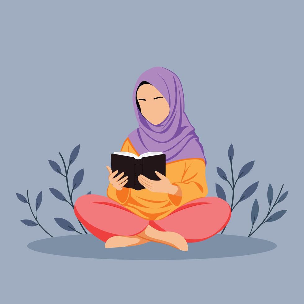 illustration of woman studying and reading the holy quran in their daily activity vector