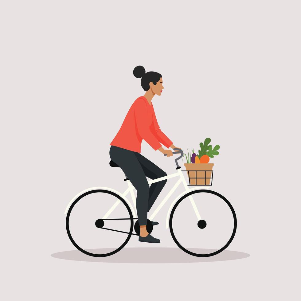 A woman riding a white bicycle. The bicycle has a basket in front filled with vegetables like carrots and greens, millennial lifestyle, daily routine vector