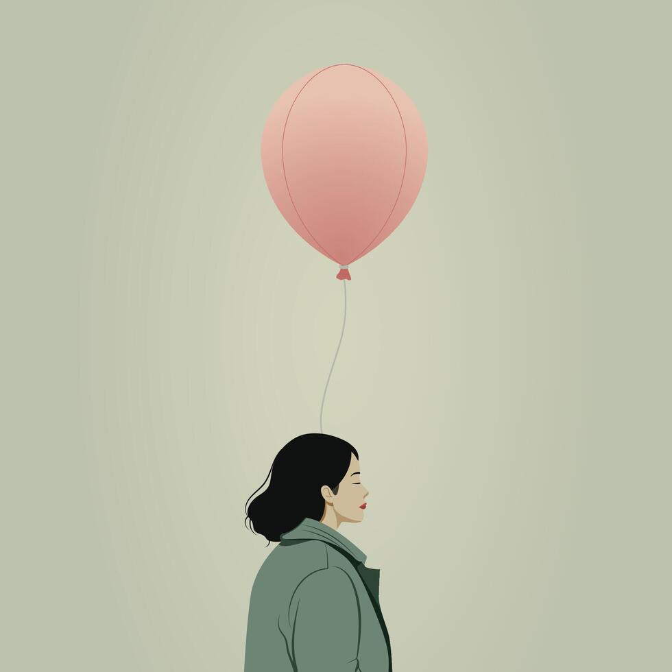 flat portrait of a woman with pink balloon vector