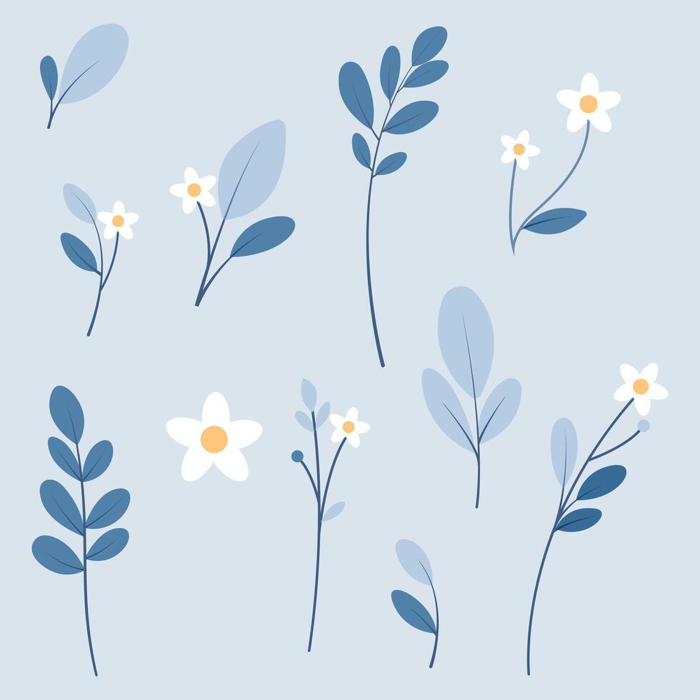 set of blue and white wild flowers branches, illustration vector