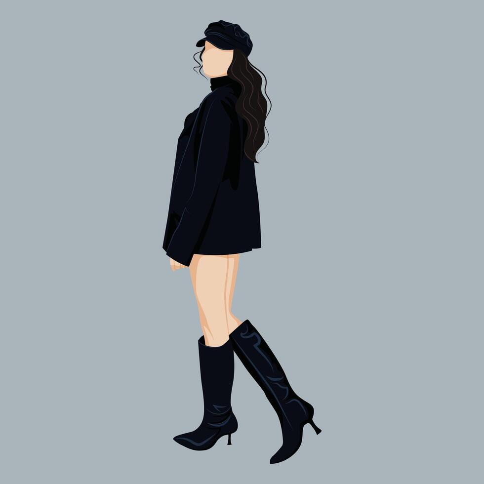 fashion illustration of a beautiful young woman of European appearance in a black backless dress made of eco-leather. Back view. vector