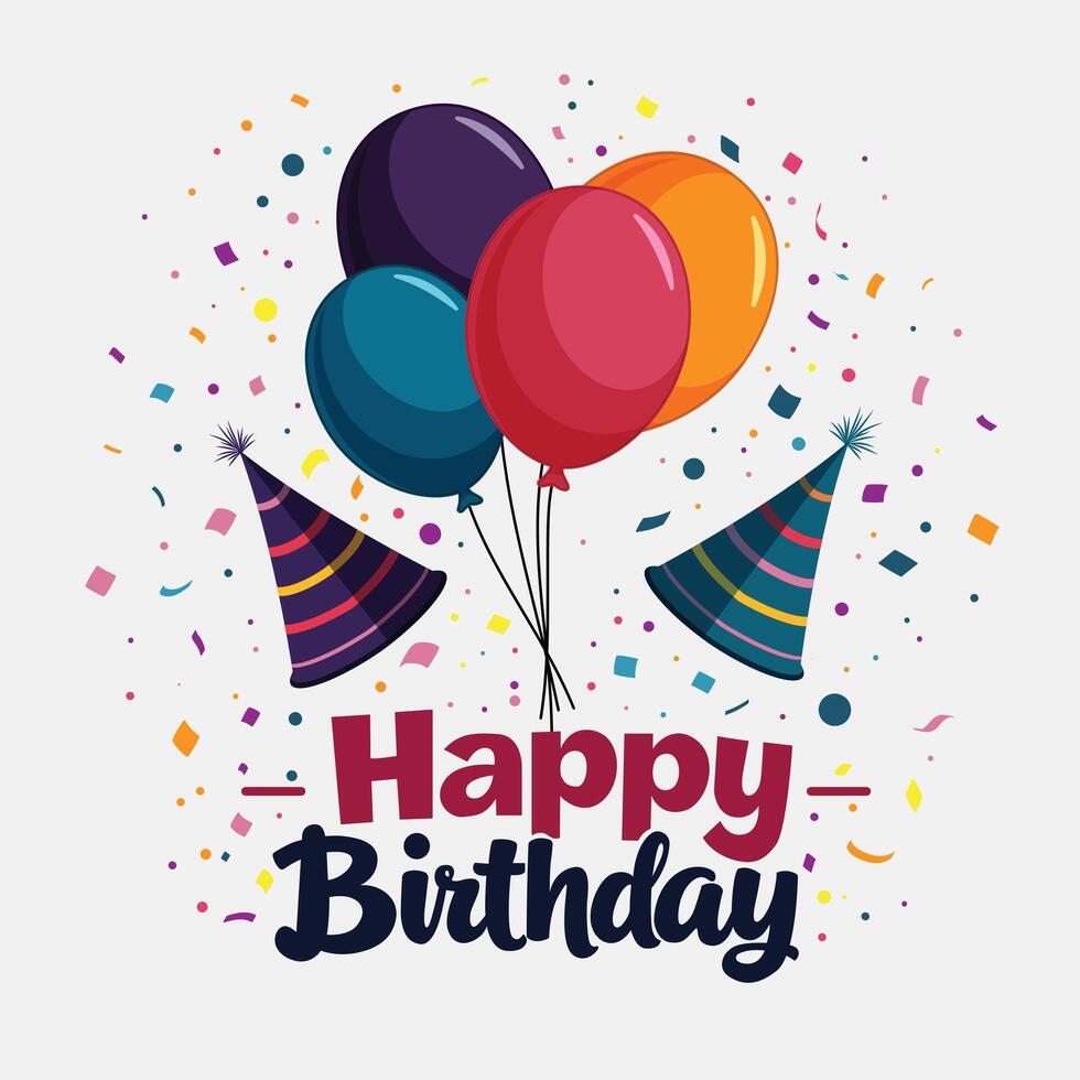 Colorful balloons floating with confetti falling for happy birthday celebration vector