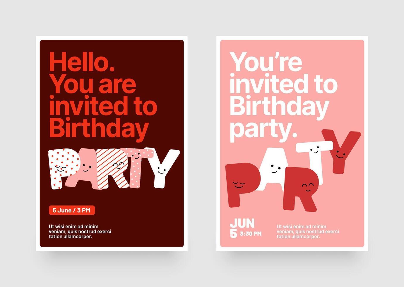 Birthday party invitation layout template. Design with colorful cartoon characters and eye catching typography for your flyer, poster, cover, brochure or banner. vector