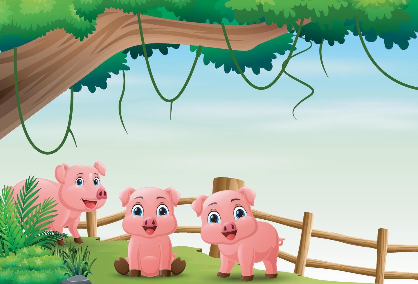 Cartoon piglets in the jungle background vector