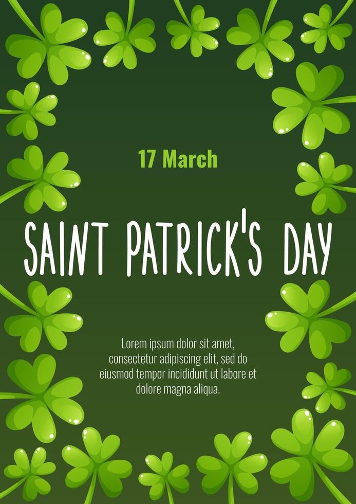 Poster for St. Patrick's Day, March 17. Greeting cards, invitations, banners, posters with images of clover, shamrock, with congratulatory text on a green background. vector