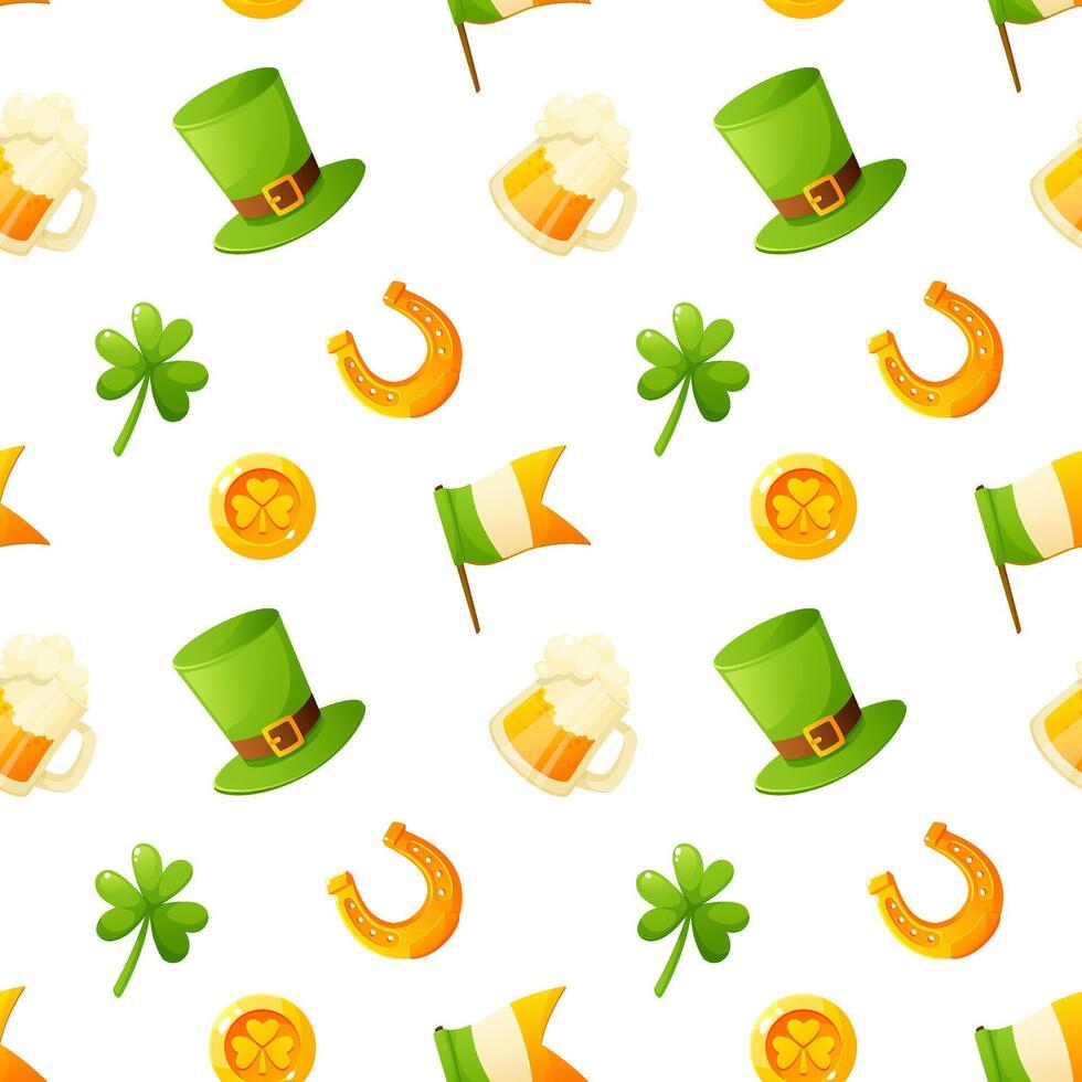 Seamless pattern for St. Patrick's Day, repeating background on white with the image of shamrock, clover, top hat, horseshoe, gold coin, beer glass, Irish flag. Attributes and symbols of the holiday. vector