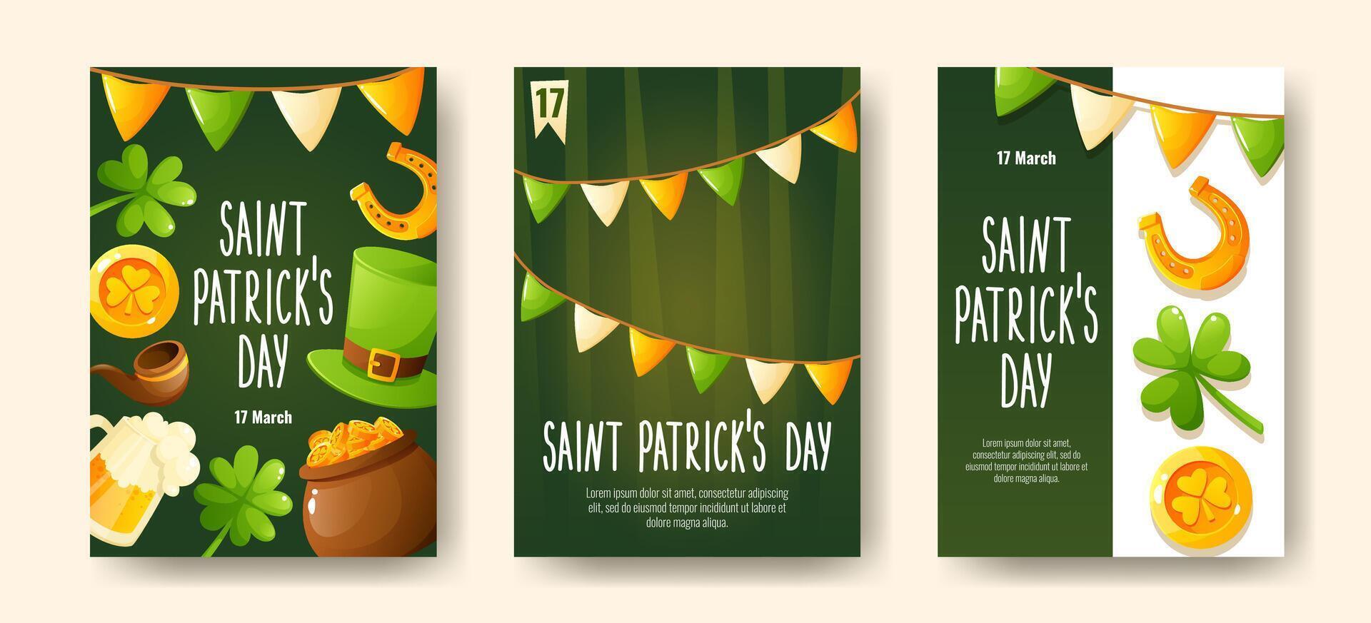 Set of posters for St. Patricks Day, March 17. Greeting cards, invitations, banners, posters with images of a horseshoe, gold coins, a shamrock clover, a leprechaun's top hat, congratulatory text. vector