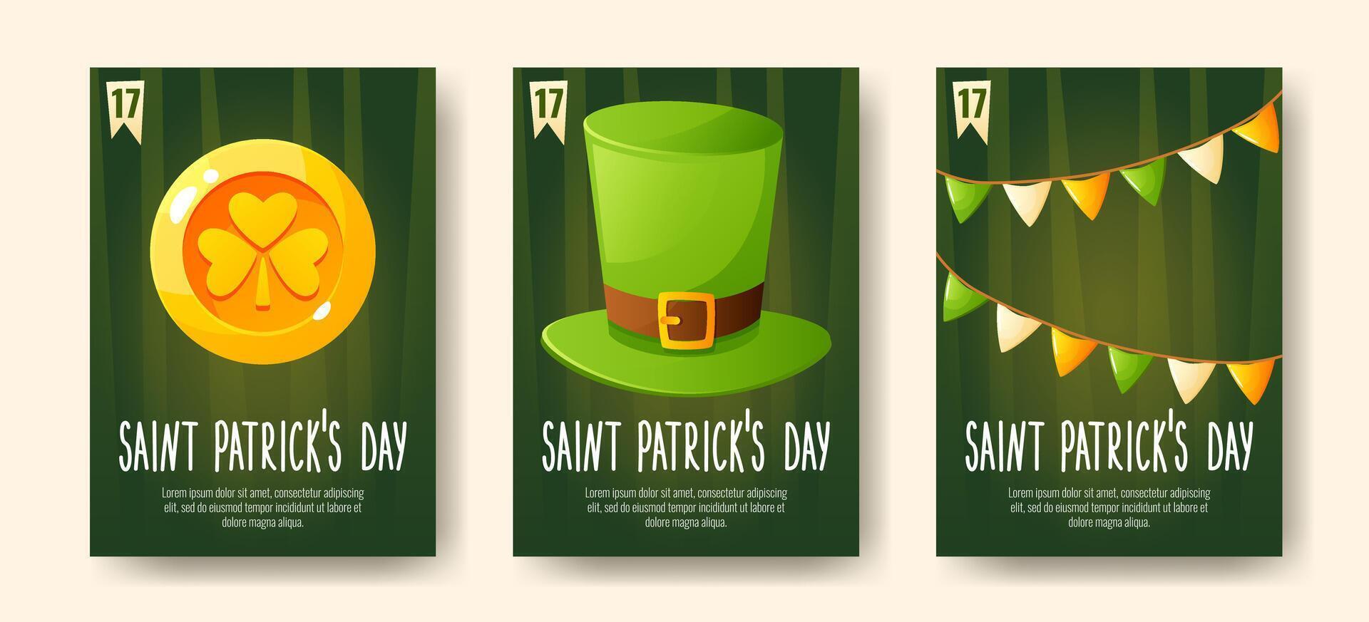 Set of posters for St. Patrick's Day, March 17. Greeting cards, invitations, banners, posters with images of gold coins, a leprechaun's top hat, flags in the colors of the flag, congratulatory text. vector