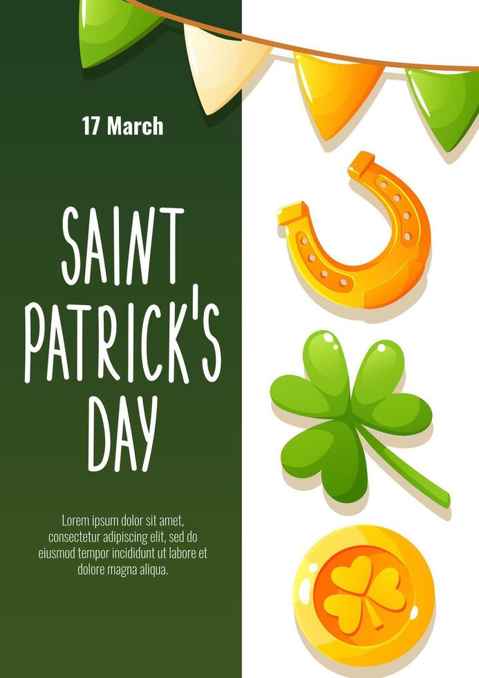 Poster for St. Patrick's Day, March 17. Greeting cards, invitations, banners, posters with images of gold coins, horseshoes, clovers, flags, with congratulatory text. vector
