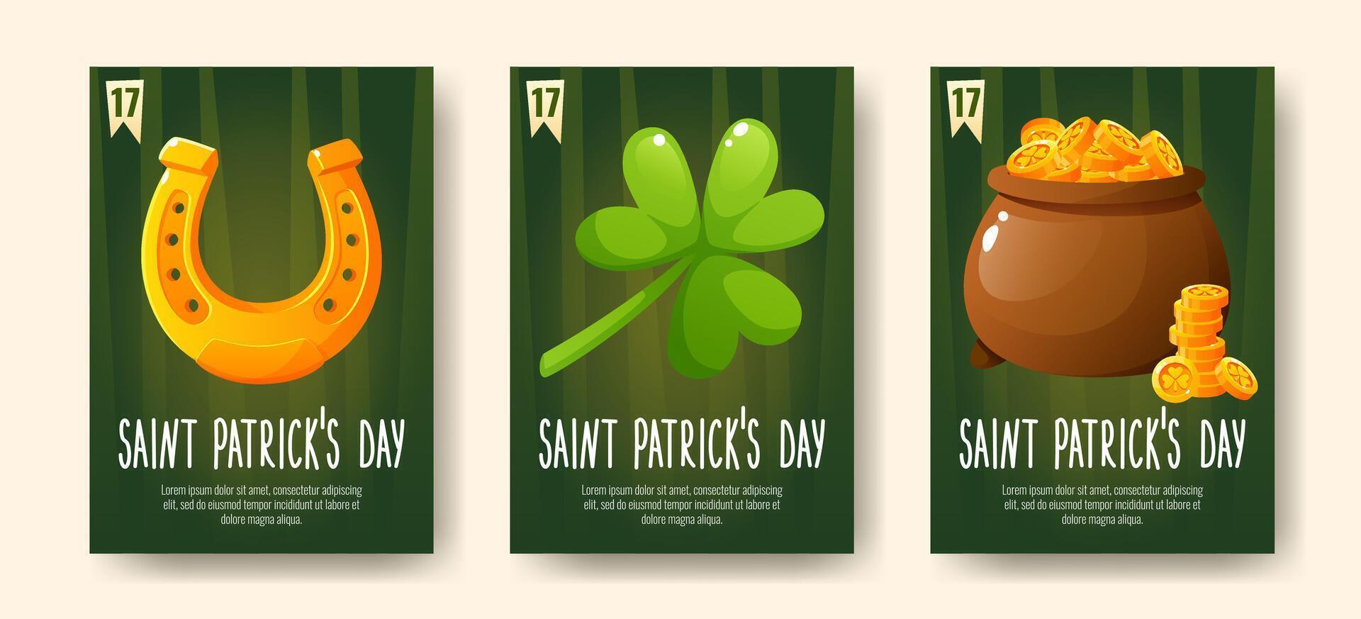 Set of posters for St. Patrick's Day, March 17. Greeting cards, invitations, banners, posters with images of a horseshoe, gold coins, shamrock clover, with congratulatory text. vector