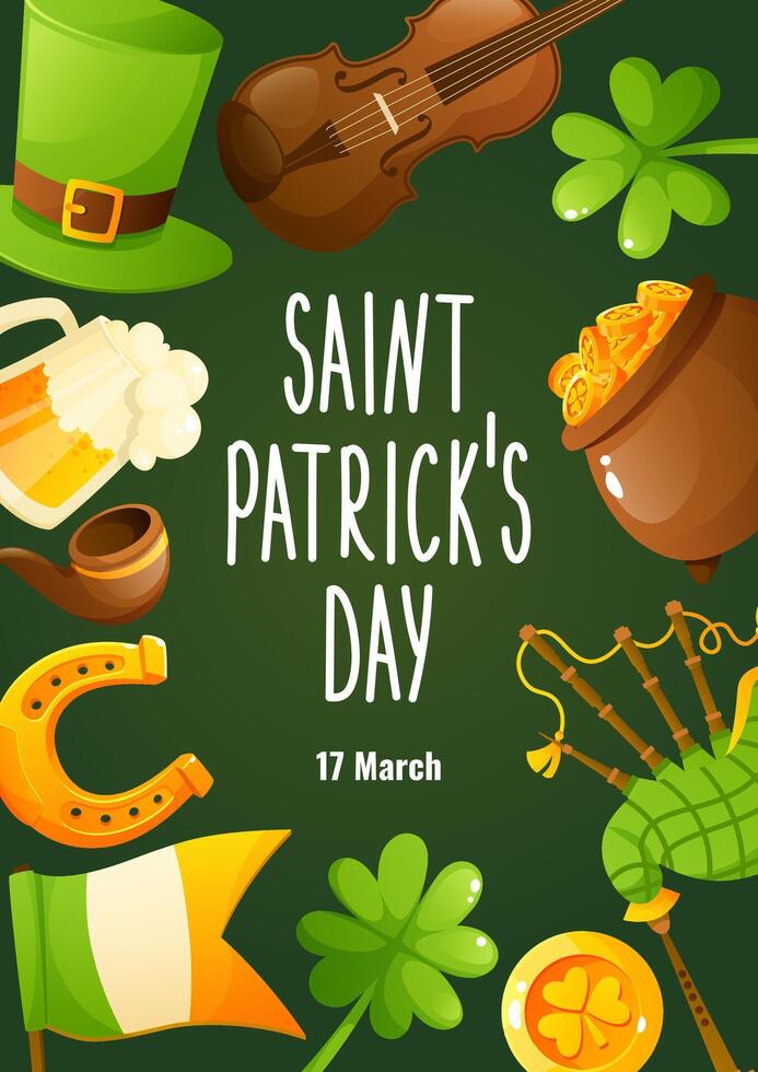 Poster for St. Patrick's Day, March 17. Greeting cards, invitations, banners, posters with the image of a green leprechaun hat cylinder, gold coins, horseshoe, clover, violin, with congratulatory text vector