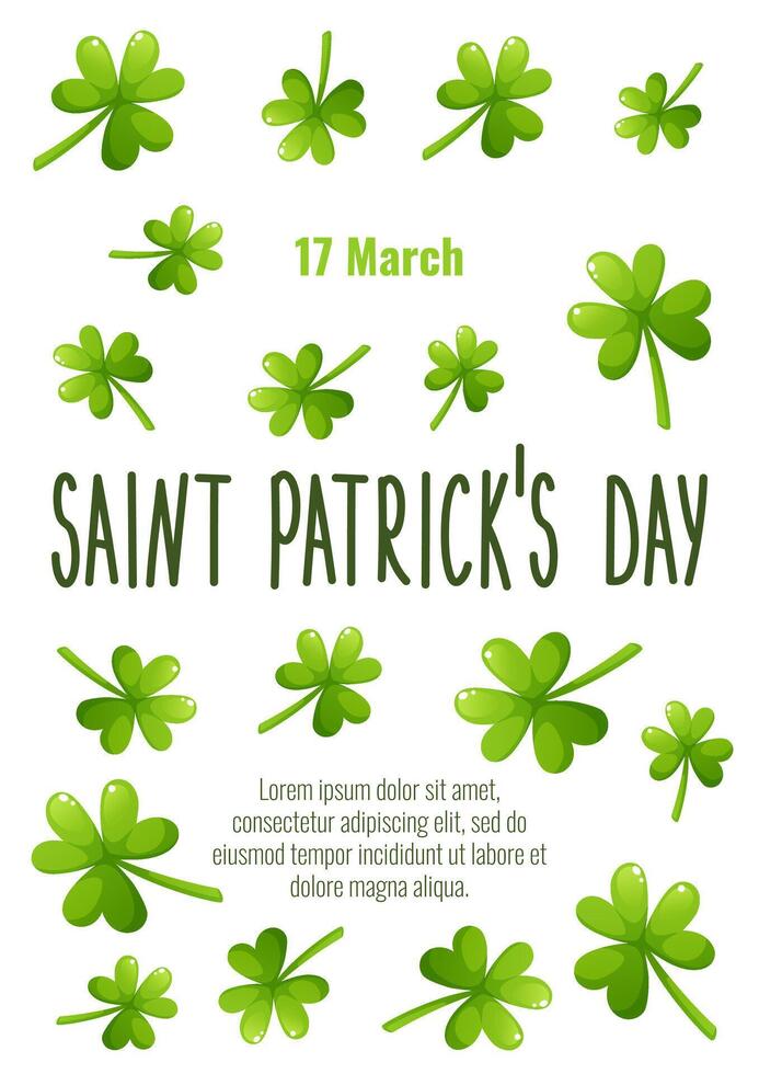 Poster for St. Patrick's Day, March 17. Greeting cards, invitations, banners, posters with the image of clover, shamrock, with the text of congratulations on a white background. vector