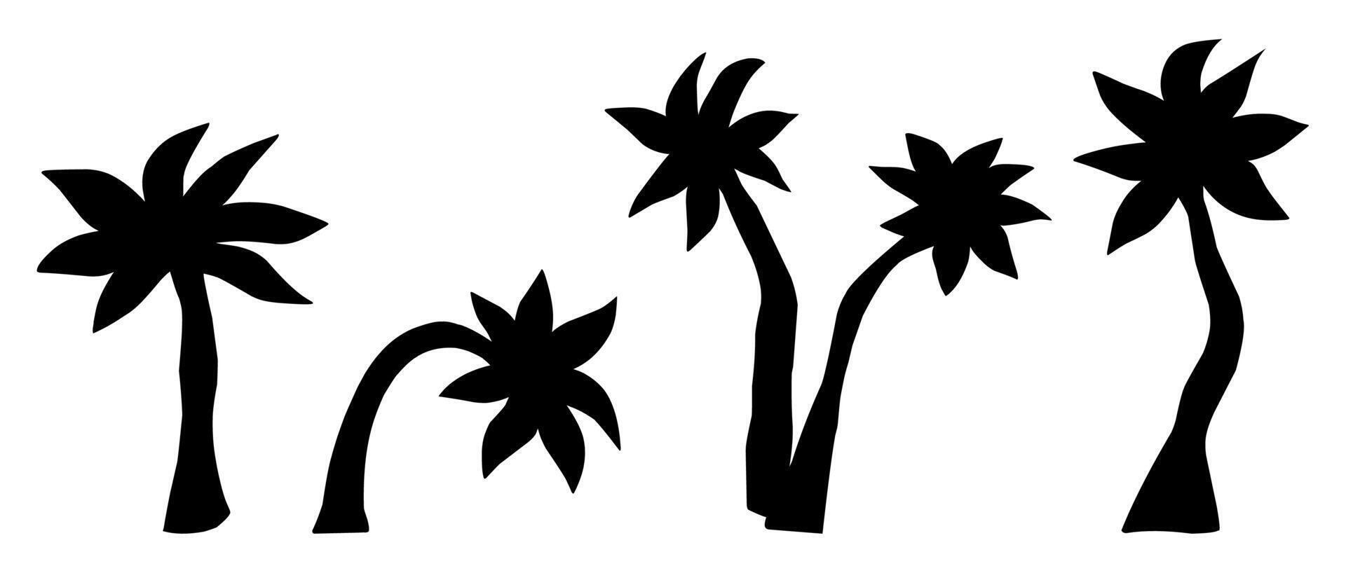 Black silhouettes of varying palm trees perfect for summer-themed designs and tropical decoration. vector