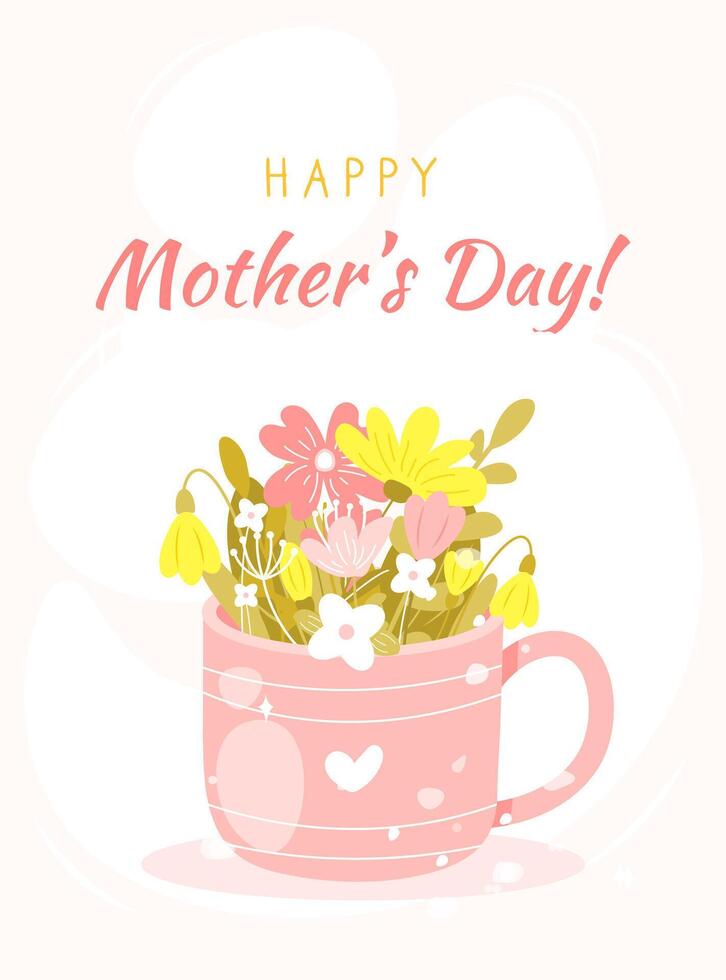 Happy Mother's day card with beautiful spring flowers in a mug. Hand drawn flat cartoon style. Perfect for greeting postcard, vertical poster, banner, flyer and so on vector