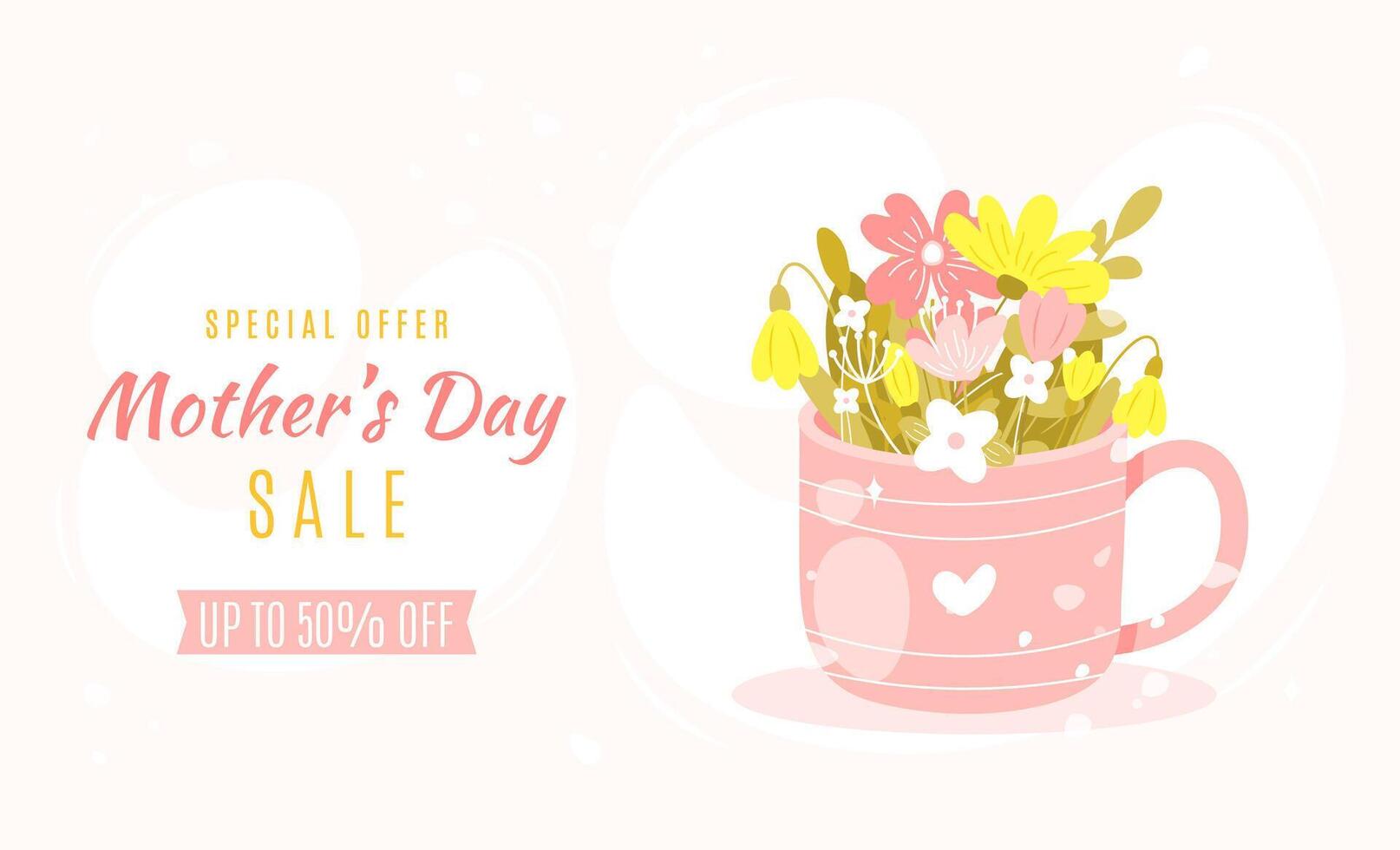 Mother's day sale banner with beautiful spring flowers in a mug. Hand drawn flat cartoon style. Perfect for horizontal banner, poster, flyer, card, and so on vector