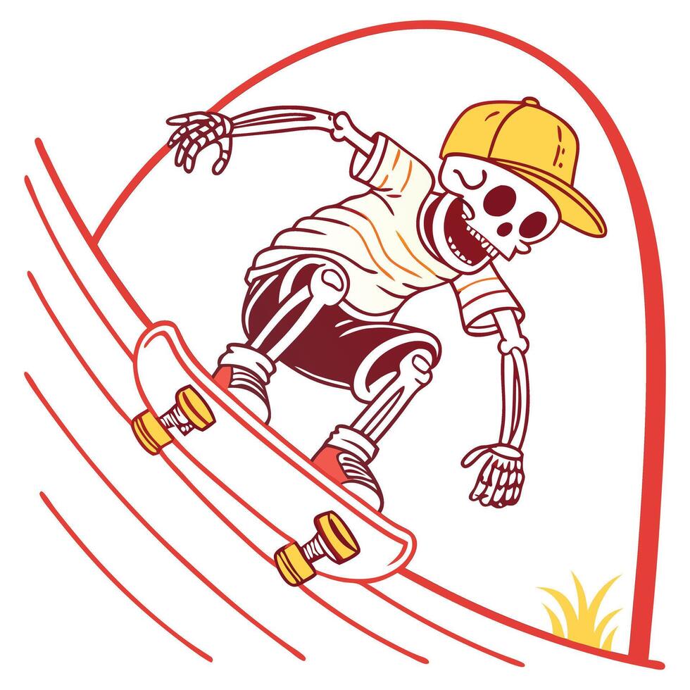 Skateboard t-shirt label design with illustration of skeleton playing skateboard. Hand drawn illustration. vector