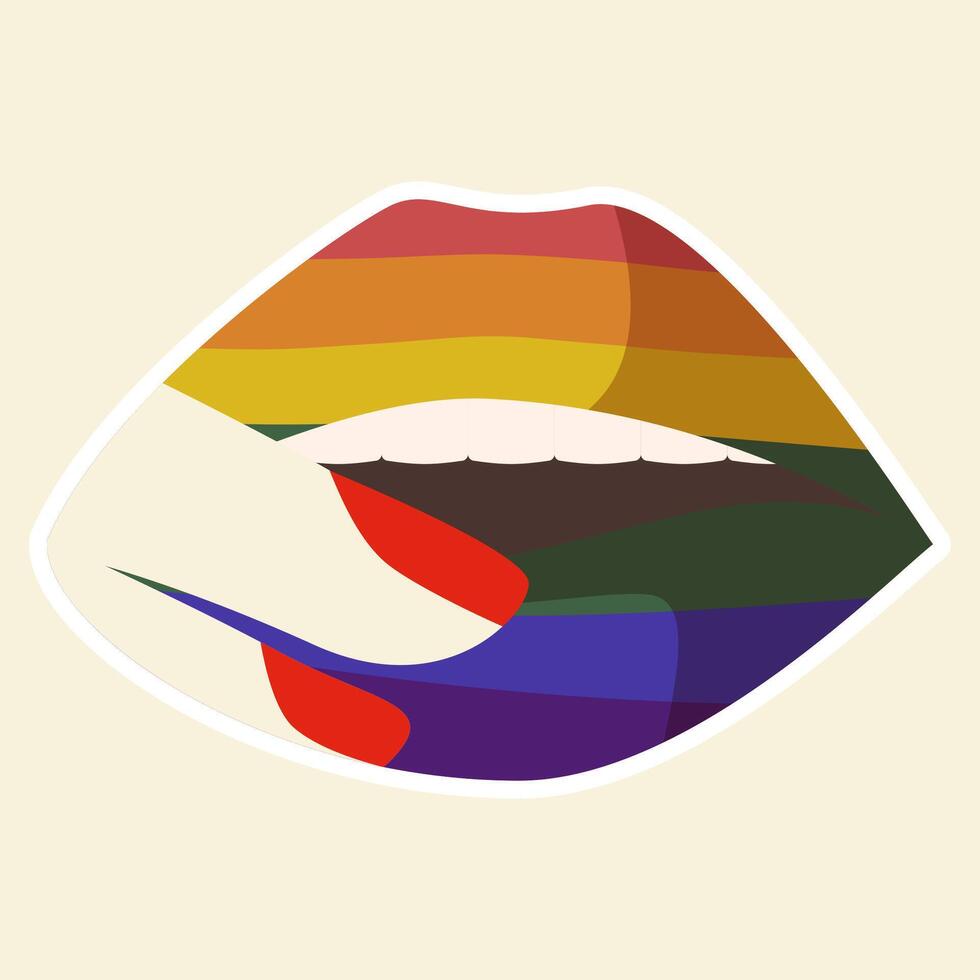 Rainbow pride day mouth sticker. LGBT lip for print. Sensual biting lips with rainbow lipstick vector