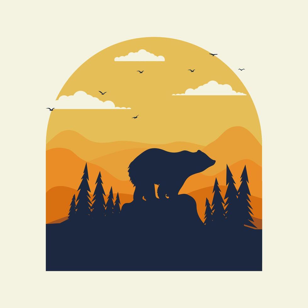 Wild bear standing of the cliff. Grizzly bear looking on valley with mountains poster. Concept of wildlife vector